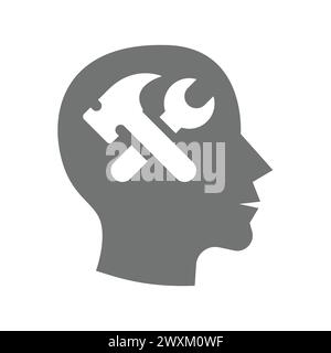 Human brain, thinking, intellect and intelligence vector. Human design with wrench and hammer icon. Stock Vector