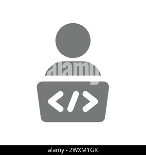 Coder with laptop vector icon. Computer web programmer or developer symbol. Stock Vector