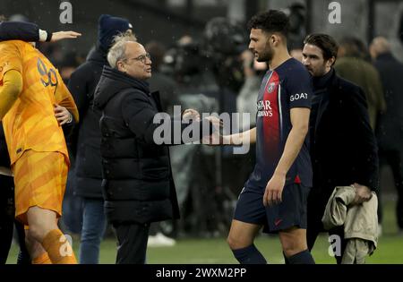 PSG manager Luis Campos salutes Goncalo Ramos of PSG following the French championship Ligue 1 football match between Olympique de Marseille (OM) and Paris Saint-Germain (PSG) on March 31, 2024 at Stade Velodrome in Marseille, France Stock Photo