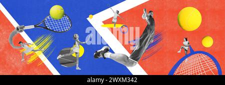 Banner. Contemporary art collage. Tennis and basketball. Creative artwork young athletic female and male sportsman training. Team Stock Photo
