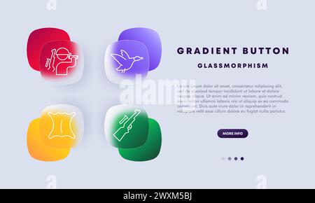 Chase set icon. Skin, hunting trophy, duck, sight, rifle, man, silhouette, binoculars, lenses, prey, target, weapon, gradient button. Concept of hunti Stock Vector