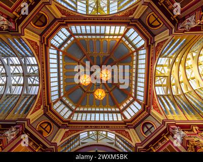 Beautiful colorful victorian ceiling of the Leadenhall Market dating back to 1321 and situated in the centre of Roman London. Stock Photo