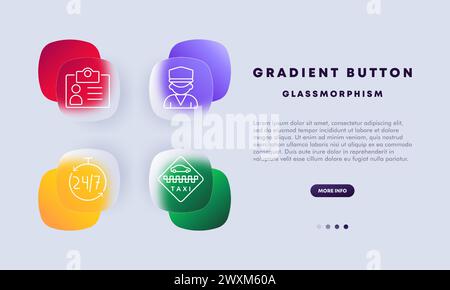 Taxi icon set. ID card, passport, data, face photo, silhouette, taxi driver, uniform, hat, 24 hour work, taxi, car. Transportation service concept. Gl Stock Vector