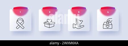 Charity icon set. Ribbon, fight against cancer, rehabilitation, donations, charity, hand, bird, piggy bank, coin, numbering. Giving your money for ben Stock Vector