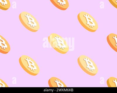Bitcoin seamless pattern. 3D coins with Bitcoin symbol on a pink background. Golden coins. Bitcoin cryptocurrency, crypto trading. Design of wallpaper Stock Vector