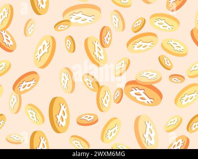 Bitcoin seamless pattern. 3D coins with Bitcoin symbol on a beige background. Golden coins. Bitcoin cryptocurrency, crypto trading. Design of wallpape Stock Vector
