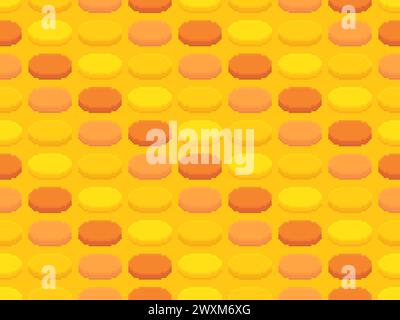 Seamless pattern with pixel gold coins. 3D gold coins in the style of 8-bit graphics of retro games from the 80s and 90s. Design for wallpapers, banne Stock Vector