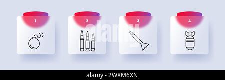 Weapons set icon. Bomb, fuse, caliber, cartridge, capsule, rocket, warhead, silhouettes, numbering. Concept of combat equipment and ammunition. Glasmo Stock Vector