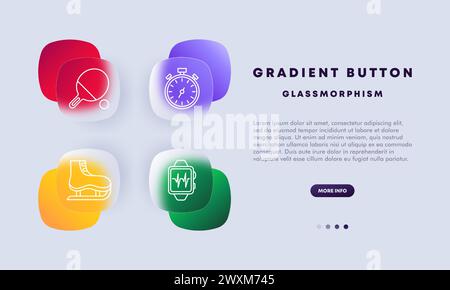 Sports, hobbies set icon. Table tennis racket with ball, timer, stopwatch, time, watch, skates, smart watch, measuring indicators, pulse. Healthy life Stock Vector