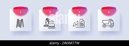 Construction set icon. Repair supplies, equipment, numbering, ladder, heavy equipment, crane, hoist, Kamaz, transport vehicle, tracks. Construction eq Stock Vector