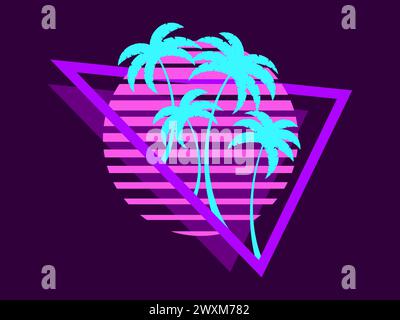 80s retro sci-fi palm trees on a sunset. Retro futuristic sun with palm trees in a triangular frame. Synthwave style. Design for advertising brochures Stock Vector