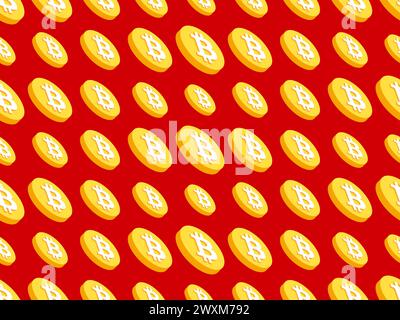 Bitcoin seamless pattern. 3D coins with Bitcoin symbol on a red background. Golden coins. Bitcoin cryptocurrency, crypto trading. Design of wallpapers Stock Vector