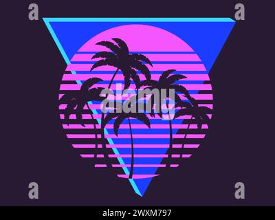 Retro futuristic sunset with palm trees and triangle in 80s style. Sci-fi palm trees at sunset in synthwave and retrowave style. Design for print, ban Stock Vector