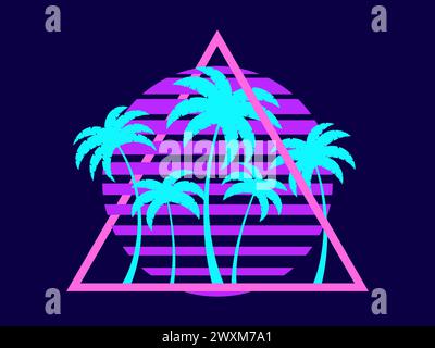 80s retro sci-fi palm trees on a sunset. Retro futuristic sun with palm trees in a triangular frame. Synthwave style. Design for advertising brochures Stock Vector