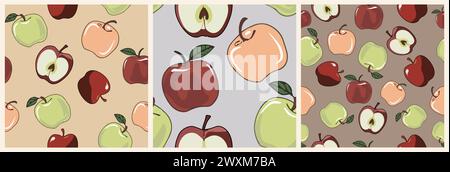 Set of Botanical seamless patterns with apples. Stock Vector