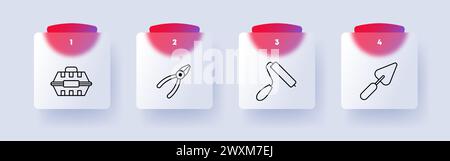 Construction set icon. Repair supplies, equipment, numbering, box, roller, spatula, forceps, pliers. Construction equipment concept. Glassmorphism sty Stock Vector