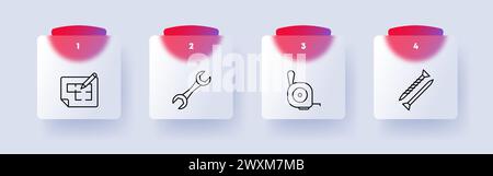 Construction set icon. Repair supplies, equipment, numbering, plan, pencil, markings, nail, screw, wrench, blue paper. Construction equipment concept. Stock Vector