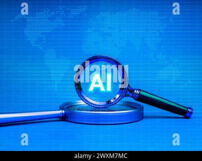 AI search engine concept. AI text with bot icon glowing in magnifying glass lens on digital world map and cyber network, abstract blue background. Sea Stock Photo