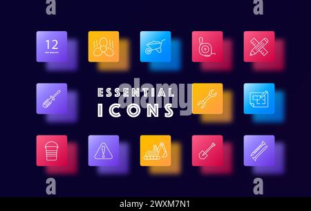 Construction set icon. Equipment, numbering, fan, heavy equipment, shovel, nails, pencil, ruler, warning sign, screwdriver, wrench. Construction equip Stock Vector