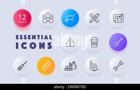 Construction set icon. Equipment, numbering, fan, heavy equipment, shovel, nails, pencil, ruler, warning sign, screwdriver, wrench. Construction equip Stock Vector