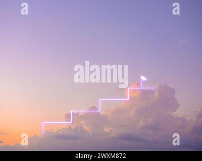 Glowing graph steps neon line rise to the top at flag icon, on blue and purple color of sunset sky and clouds background, minimal style. Minimalist ch Stock Photo
