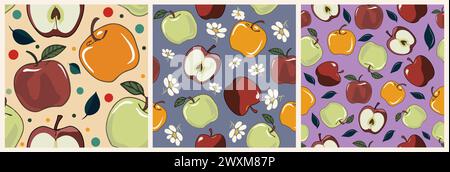 Set of Botanical seamless patterns with apples. Stock Vector