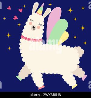 Cute alpaca unicorn flying in the night sky, vector illustration. Cartoon dreaming llama with horn and wings for greeting cards, invitations, t-shirts Stock Vector