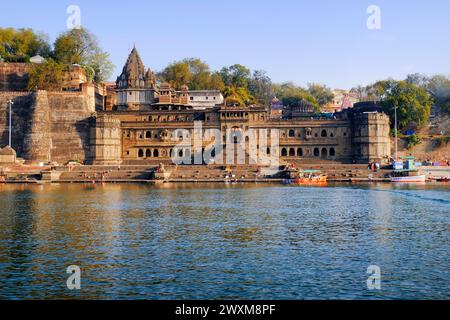 24 February 2024, Exterior View of the scenic tourist landmark Maheshwar fort in Madhaya pradesh in India.This monument is on the banks of the Narmada Stock Photo