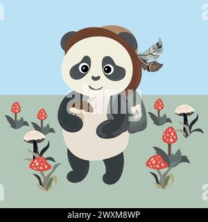 Panda teddy bear dressed in a bucket hat and boots holding out a mushroom. Cute cartoon character. Flat style vector illustration. Suitable for icon, Stock Vector