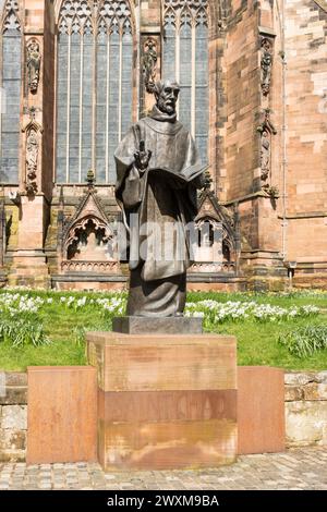 Bronze statue of St. Chad outside  Lichfield cathedral, Staffordshire, England, UK Stock Photo