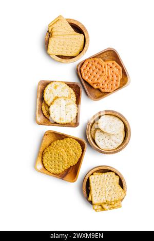 Salted crackers in bowl  isolated on a white background. Stock Photo