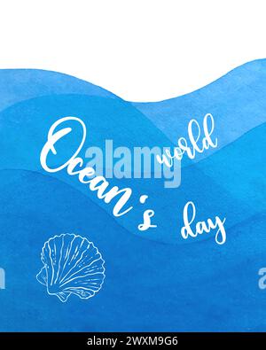World oceans day on blue watercolor waves background. Vector illustration Stock Vector
