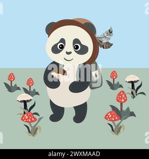 Panda teddy bear dressed in a bucket hat and boots holding out a mushroom. Cute cartoon character. Flat style vector illustration. Suitable for icon, Stock Vector