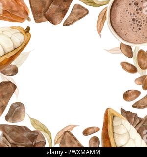 The frame is created from watercolor cocoa fruits, leaves and flowers. Use for your creativity and business. Stock Photo