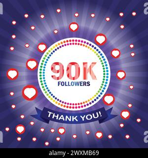 90k followers thank you card with hearts and ribbon. Vector illustration. Suitable for social sites post, greeting card Stock Vector