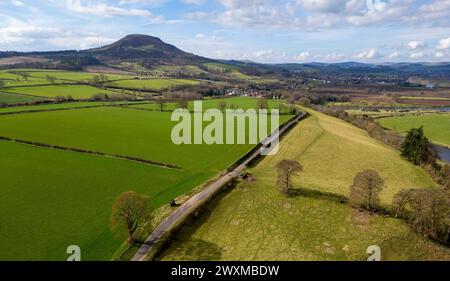 Aerial drone view of Trimontium, Roman fort site near Newstead village, Melrose, Scottish Borders, UK. Stock Photo