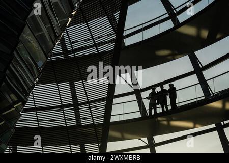 Berlin, Germany. 31st Mar, 2024. Dusk in the dome of the Reichstag. Credit: Guy Bell/Alamy Live News Stock Photo