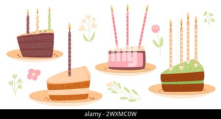 Birthday cakes portion set isolated. Sweet holiday bakery pieces collection. Pastry chocolate fruit, berry dessert slices with candles for breakfast. Stock Vector