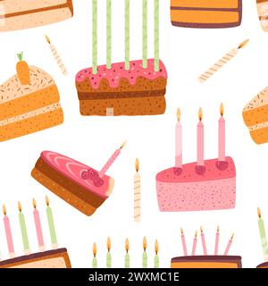 Birthday cakes with candles seamless pattern. Celebration various bakery piece treat. Holiday pastry dessert slices with cream endless background. Vec Stock Vector