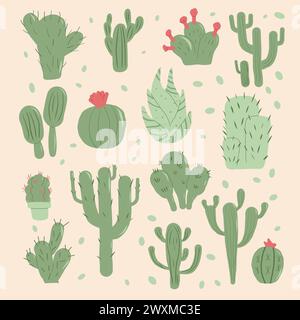 Cactus succulent set. Mexican cacti and aloe square card. Exotic various plants collection Vector hand drawn flat illustration Stock Vector
