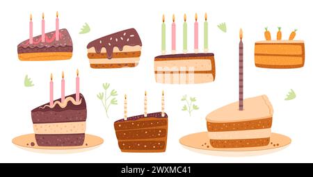 Birthday cakes set. Sweet holiday bakery pieces portion collection. Pastry chocolate fruit, berry dessert slices with candles for breakfast. Vector ha Stock Vector