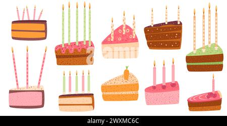 Birthday cake slices set. Sweet holiday bakery pieces collection. Pastry chocolate fruit, berry dessert with candles for breakfast. Vector hand drawn Stock Vector