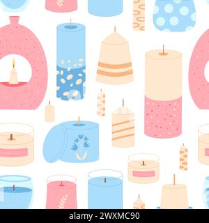 Scented candles seamless pattern. Cozy aroma spa accessories endless background. Home decor romantic items repeat cover. Vector cartoon flat illustrat Stock Vector