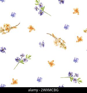 Floral seamless pattern with watercolor flowers hand drawn. Yellow blossom branches isolated on white. First spring flowers blue and yellow color. Spr Stock Photo