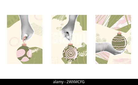 Merry Christmas collage vertical backgrounds set. Banner templates with hand retro sticker holding hand drawn Christmas ornaments ball greeting card. Stock Vector