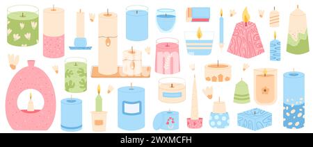 Scented candles various shapes set. Wax, soy, paraffin candles . Aroma spa accessories for relax collection isolated on white background. Interior cos Stock Vector