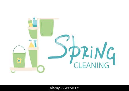 Housekeeping Lettering Cleaning tools with lettering. Vector set of cleaning equipment ...