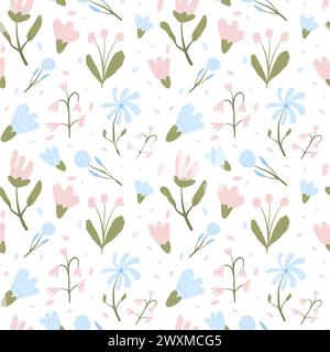 Floral hand drawn endless background. Abstract flowers seamless pattern. Botanic doodle cover. Vector flat illustration. Stock Vector