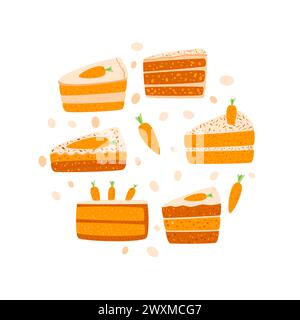 Slice of carrot cakes round badge. Sweet bakery piece portion circle emblem. Pastry dessert with cream for breakfast. Vector pie hand drawn flat illus Stock Vector