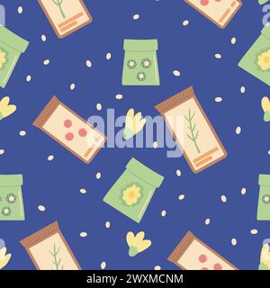 Gardening seeding plant seamless pattern. Spring horticulture items endless background. Planting flowers and vegetables at home loop cover. Vector han Stock Vector